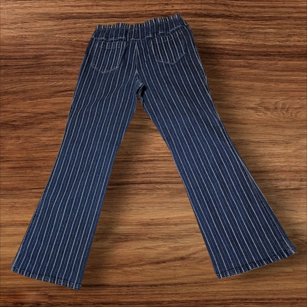 MetroStyle Blue & White Pinstripe Pull-On Comfy Cotton Pants  Women Size Large